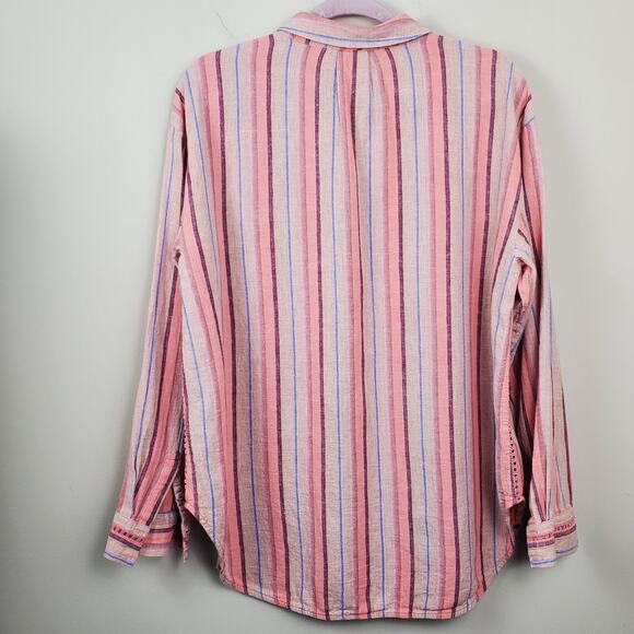 MAEVE (ANTHRO) | Lida Linen Blend | Pink/Blue | Half Button Shirt | Size Large - Picture 3 of 9